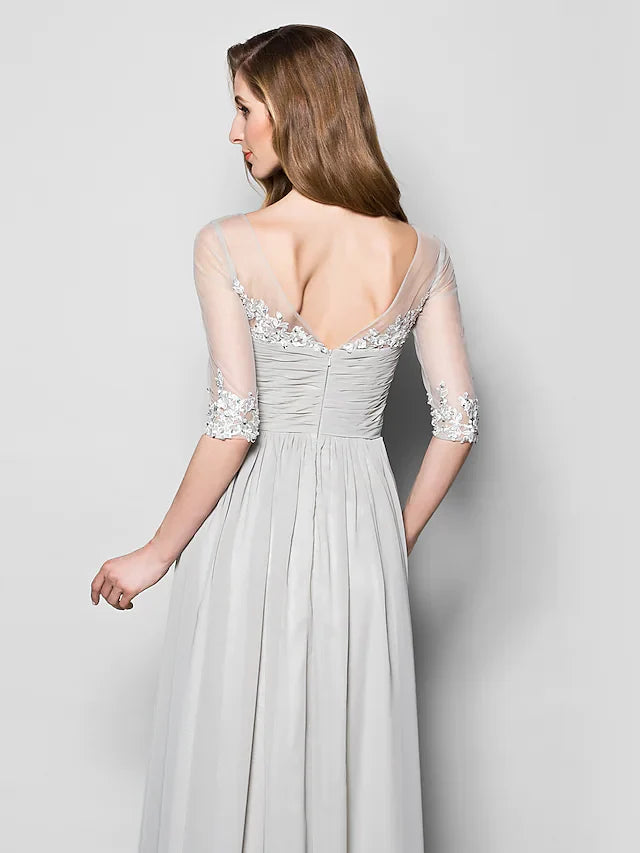 Wholesale A-Line Mother of the Bride Dress V Neck Floor Length Chiffon Tulle Half Sleeve with Ruched Beading Sequin